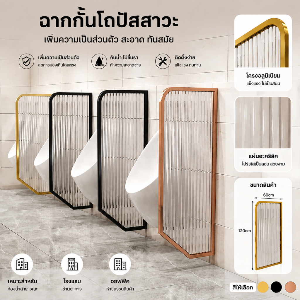 ฉากกั้นห้องน้ำสแตนเลส สำหรับโถปัสสาวะชาย ใช้ในโรงแรม ห้องน้ำสาธารณะ ดีไซน์เรียบง่าย กระจกฝ้าง ทนทาน ฉนวนกั้นระหว่าโถปัสส