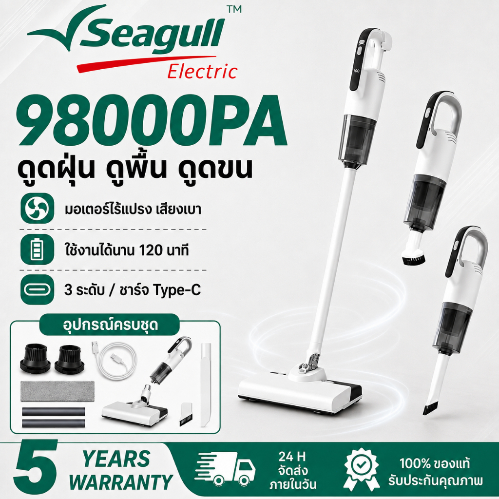 【รับประกัน5ปี】เครื่องดูดฝุ่นไร้สาย 980000Pa เครื่องดูดฝุ่นมือถือ 3ระดับ ใช้งาน120นาที ชาร์จType-C อุปกรณ์ครบชุด
