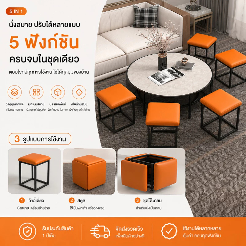 ที่เก็บสตูลลูกบาศก์มายากลมัลติฟังก์ชั่นสไตล์นอร์ดิก 5-ใน-1 ชุด, ห้องนั่งเล่นในครัวเรือนโต๊ะกาแฟสตูลสตูลรับประทานอาหาร, ป