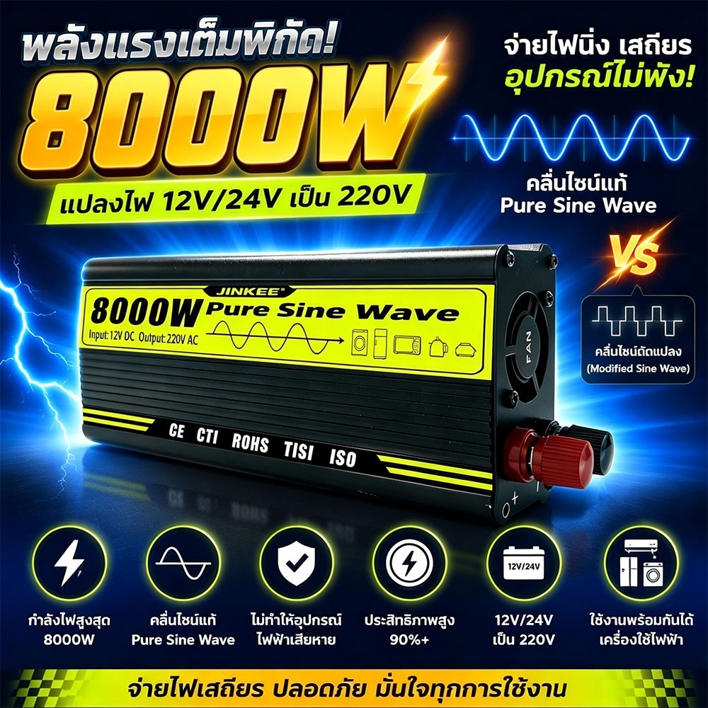 อินเวอร์เตอร์ 12v to 220v 24V 5000W 8000W คลื่นไซน์บริสุทธิ์ ป้องกันไฟกระชากและลัดวงจร ปลอดภัย ใช้กับรถบ้าน