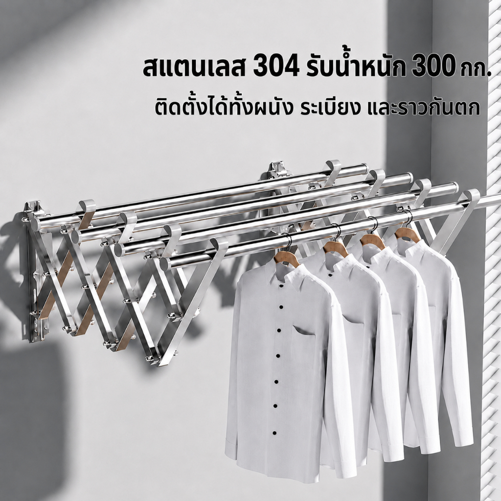 ราวตากผ้าติดผนัง สแตนเลส304 ยืดหดได้ พับเก็บประหยัดพื้นที่ ไม่เป็นสนิม แขวนเสื้อผ้าได้มากกว่า 50 ตัว