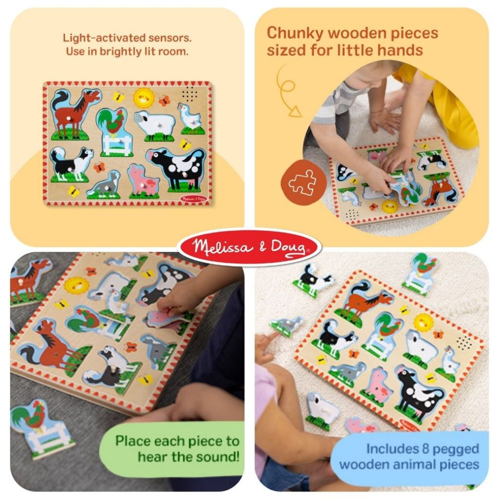 (ของแท้ USA) จิ๊กซอว์ไม้ มีเสียง รุ่นฟาร์ม มีตุ่มจับ สนุก อย่างดี ไม่มียี่ห้อ Sound Puzzle Farm Melissa & Doug ของเล่น — صورة 7