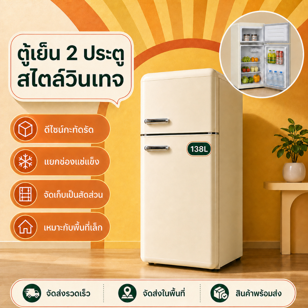 Snowflk ตู้แช่แข็งเดี่ยว138L วินเทจสีครีม สวยพื้นที่กะทัดรัด เก็บนมแม่ เหมาะเช่าบ้าน/ครอบครัว
