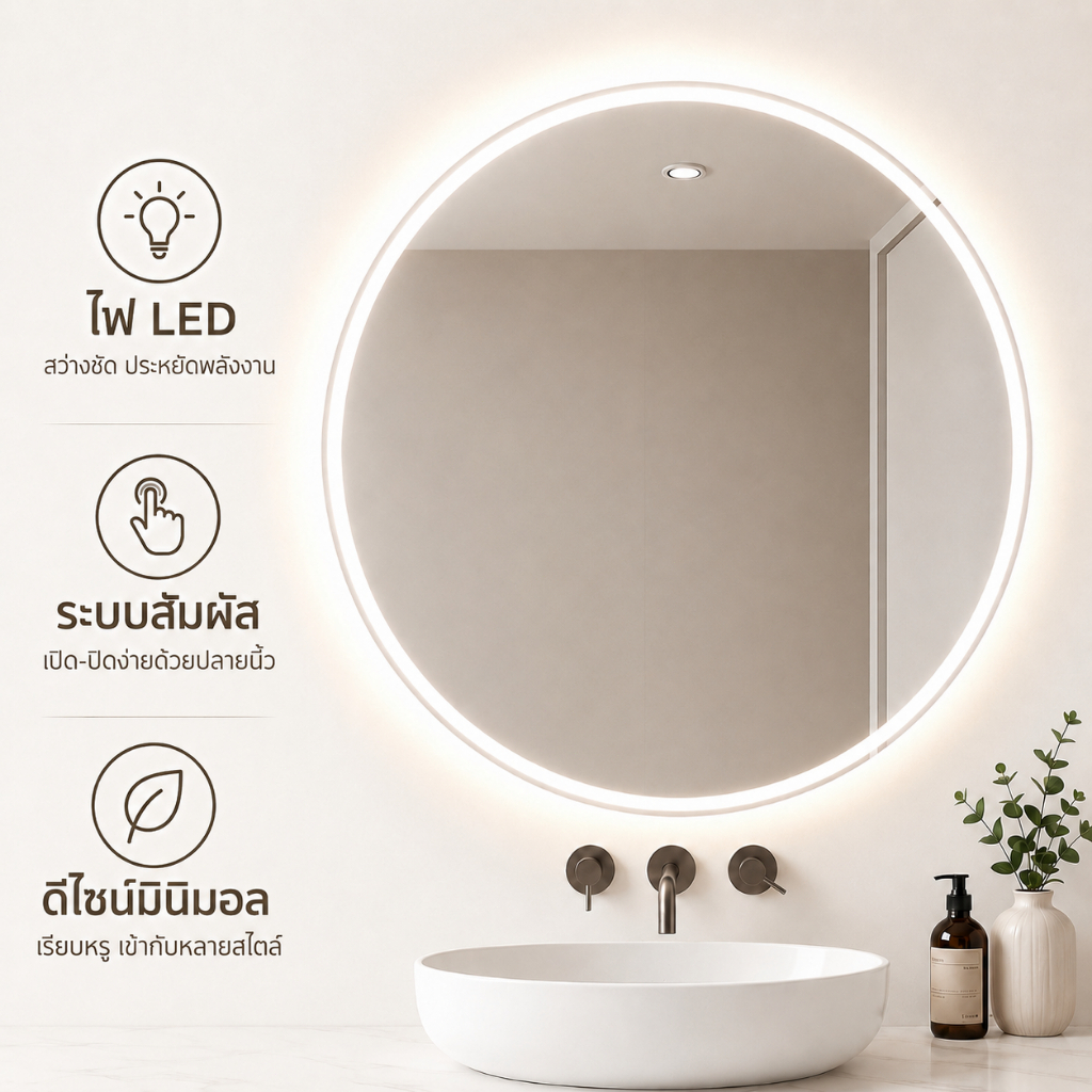 กระจกห้องน้ำมีไฟ LED ทรงกลม กระจกอัจฉริยะติดผนัง ระบบสัมผัส ปรับแสงได้ สไตล์โมเดิร์น สำหรับห้องน้ำและโต๊ะเครื่องแป้ง