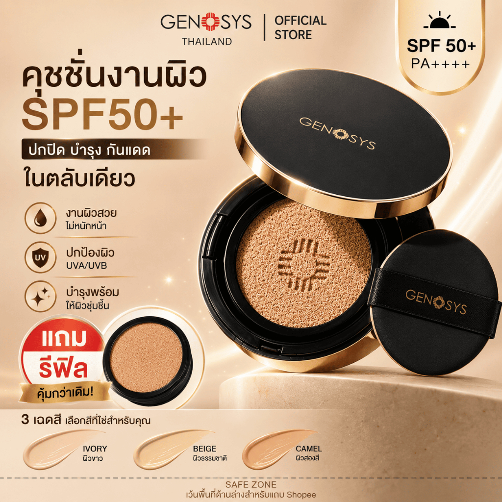 GENOSYS คุชชั่น รองพื้น กันแดด SPF50+ PA++++ Skin Caring BB Cushion ผิวดูเนียน ชุ่มชื้น แถมรีฟิล 15g+15g ของแท้