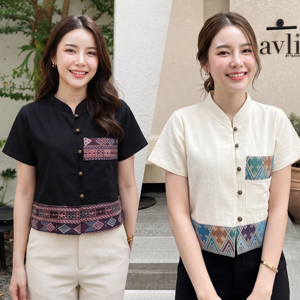 เสื้อผ้าฝ้ายคอจีนแต่งลายผ้าทอ กระเป๋าหน้า