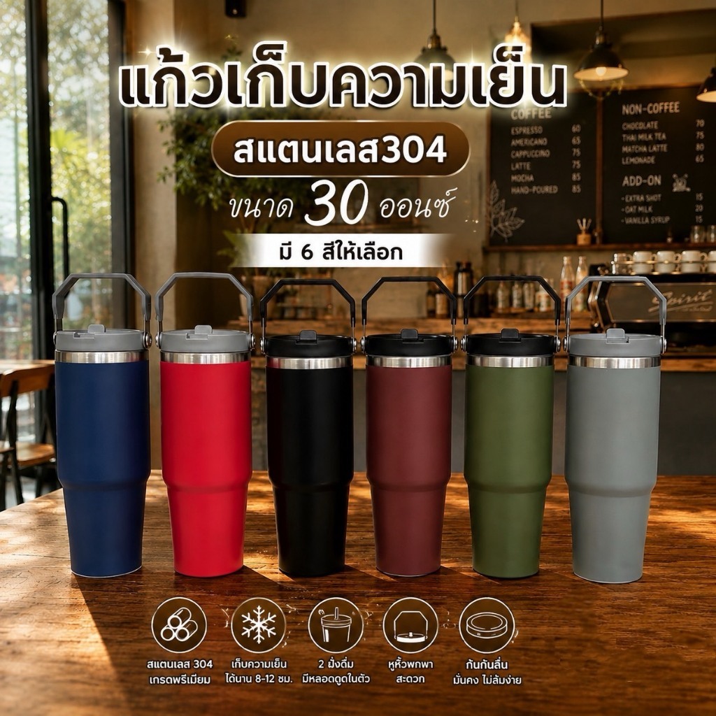 แก้วเก็บความเย็น กระติกน้ำสแตนเลส 30oz สแตนเลส304 หนา2ชั้น ให้ความอบอุ่น 8-12 ชั่วโมง