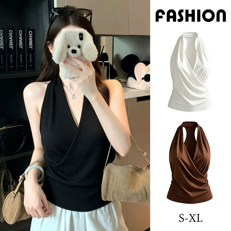 ส่งจากไทย✨เสื้อสายเดียว เสื้อคล้องคอ คอวี ยืดตามตัว ดีไซน์เรียบง่าย เท่ เสื้อเซ็กซี่ ดูหรูดูแพง #F097