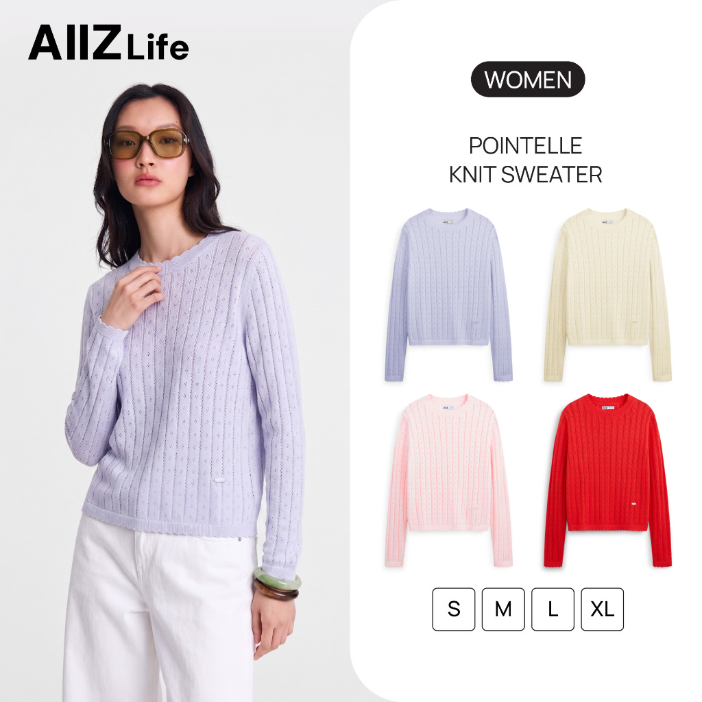 AIIZ เสื้อถักคอกลมผู้หญิงแขนยาว ลายพอยต์เทล AIIZ Women's Pointelle Knit Long Sleeve Top