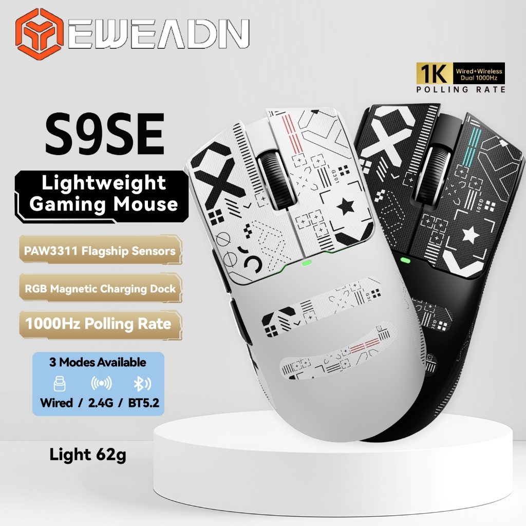 EWEADN เมาส์เล่นเกมไร้สาย S9SE PAW3311 น้ําหนักเบา 3 โหมด 2.4G/บลูทูธ/แบบมีสาย