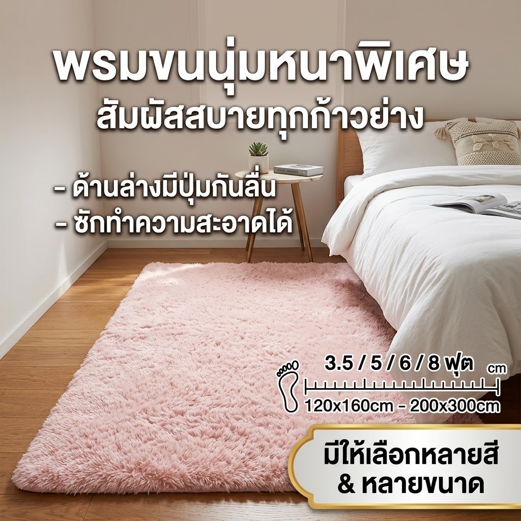 พรมปูพื้นห้องนอน พรมห้องนั่งเล่น ขนยาวนุ่มหนา มีปุ่มกันลื่น ขนาด 3.5/5/6/8 ฟุต (มีหลายสีให้เลือก)