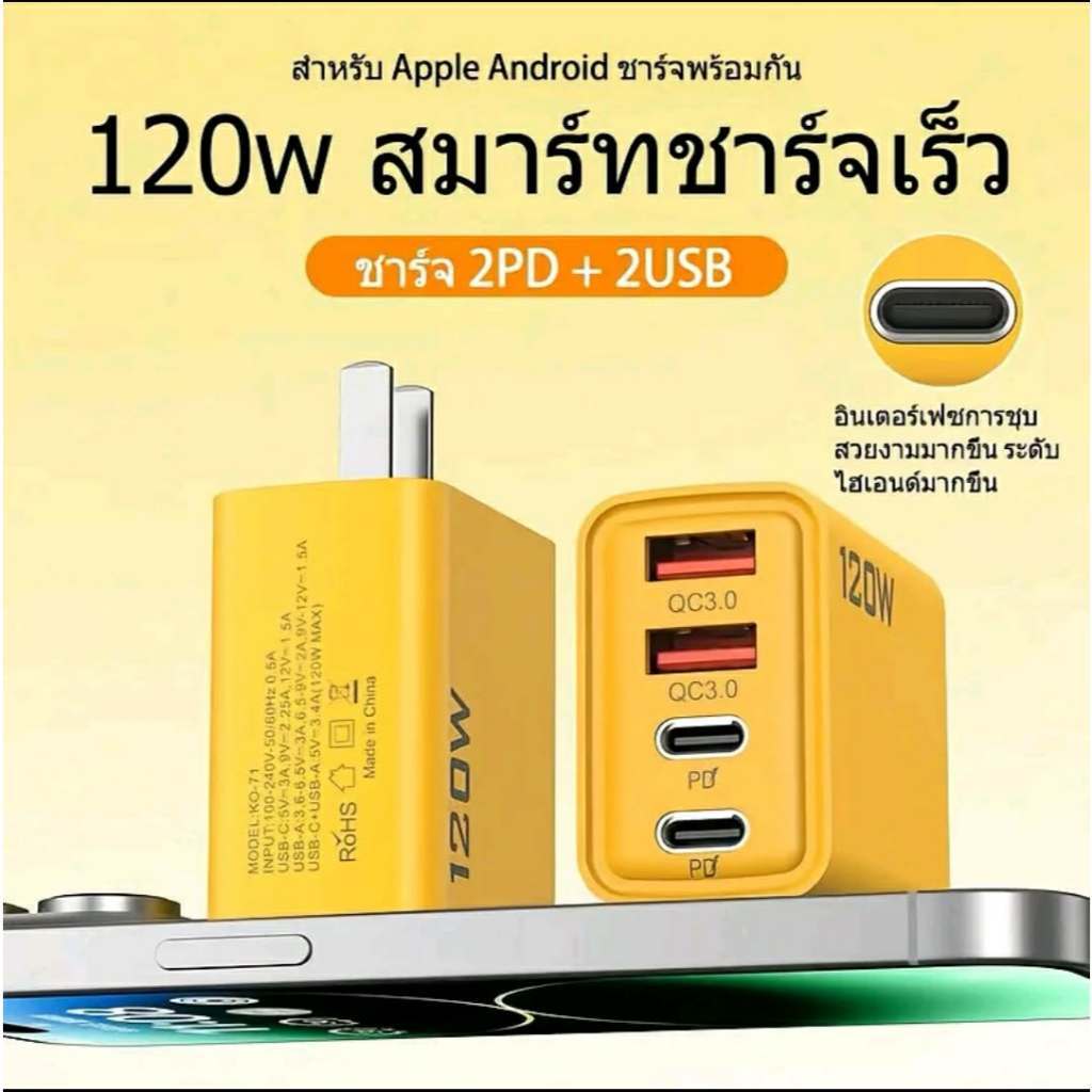 หัวชาร์จเร็ว 120W Super Fast Charge ชาร์จไว 4 พอร์ต (2USB + 2Type-C) รองรับ QC3.0 / PD หัวชาร์จมาตรฐานอเมริกา สำหรับ iPh