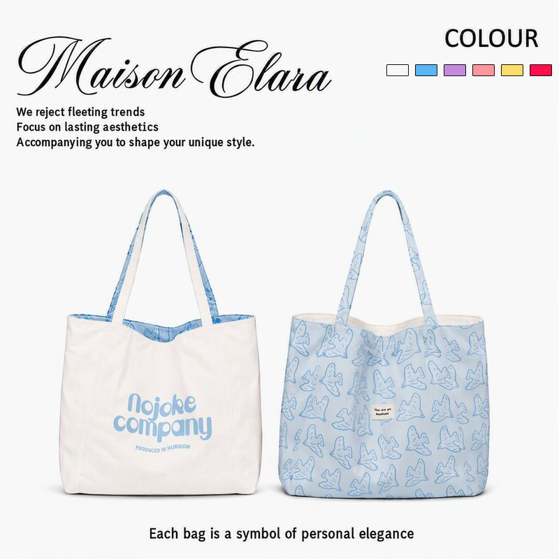 Maison Elara กระเป๋าสะพายไหล่ กระเป๋าผ้าแคนวาสลายทาง ใช้ได้ทั้งสองด้าน ความจุสูง สไตล์เกาหลีเรียบง่ายสบายๆ