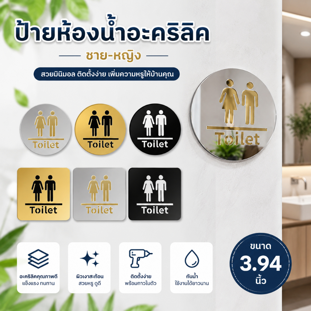 Luxe-T 3.94 "อะคริลิค unisex ป้ายห้องน้ำกระจกห้องน้ำทรงกลม/สี่เหลี่ยมสำหรับตกแต่งบ้าน COD