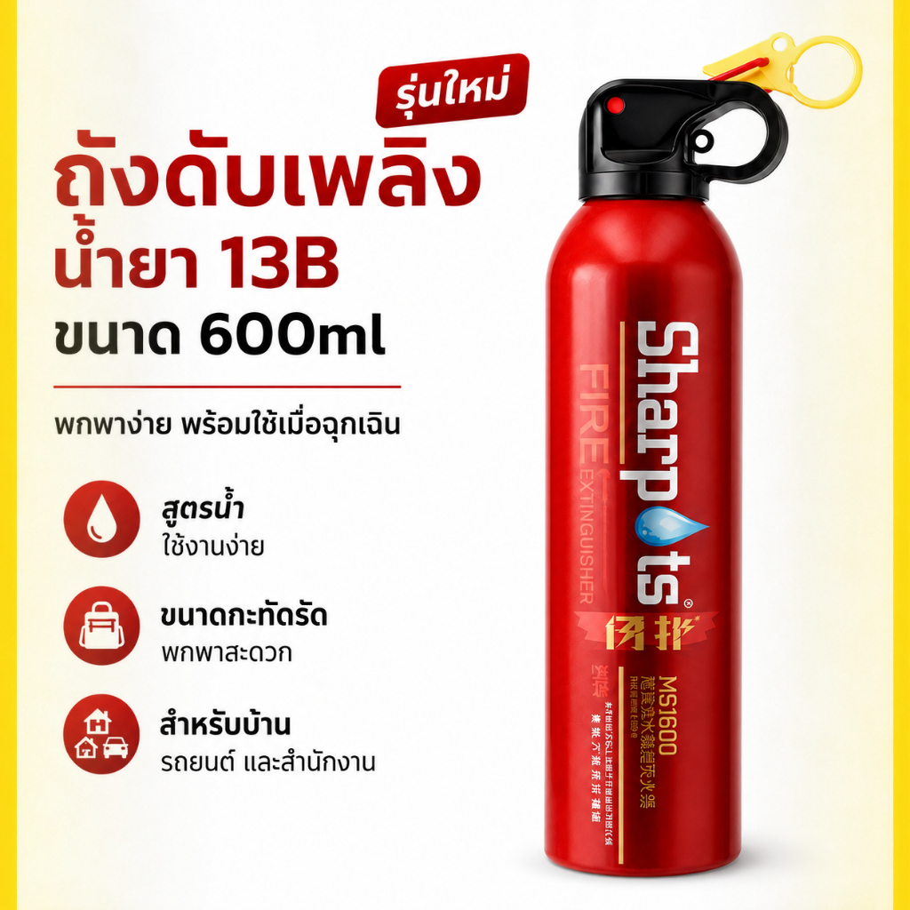ถังดับเพลิงชนิดเคมีสูตรน้ำแบบพกพา ขนาด 600 มล. ดับไฟได้รวดเร็ว น้ำหนักเบา พกพาสะดวก เหมาะสำหรับบ้าน รถยนต์ และสถานการณ์ฉ