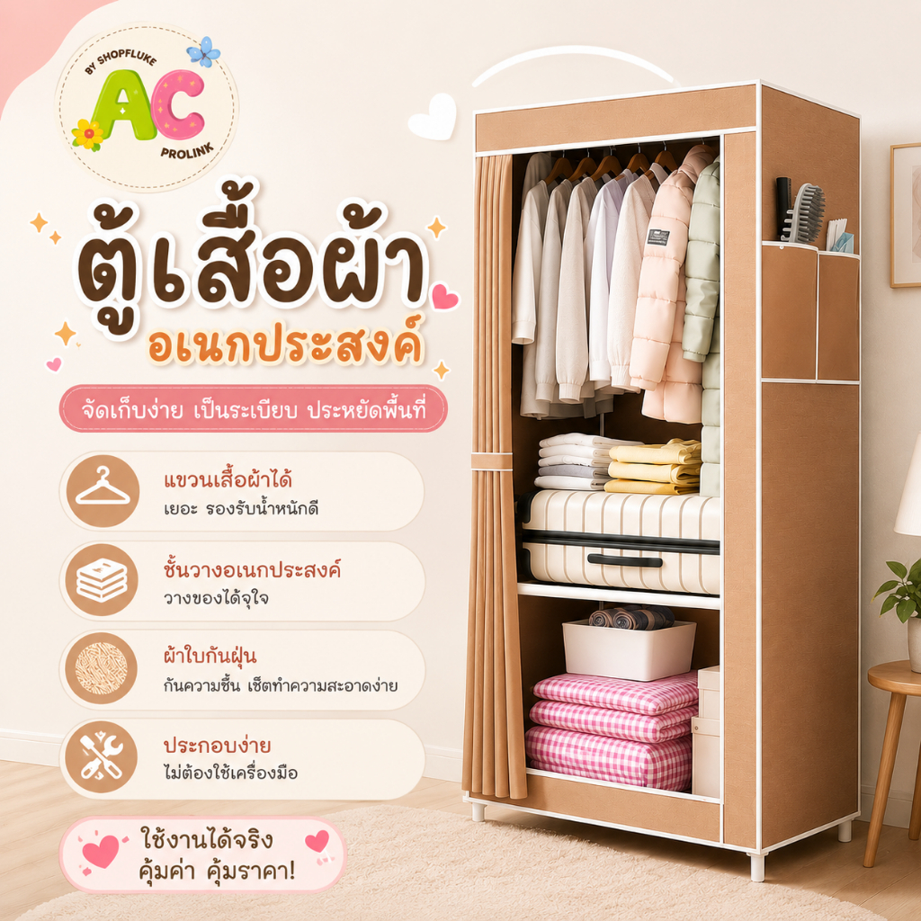 ตู้เสื้อผ้า 1 บล็อก ตู้เสื้อผ้าผ้าใบ อเนกประสงค์ พร้อมราวแขวนและชั้นวาง จุของเยอะ ประหยัดพื้นที่