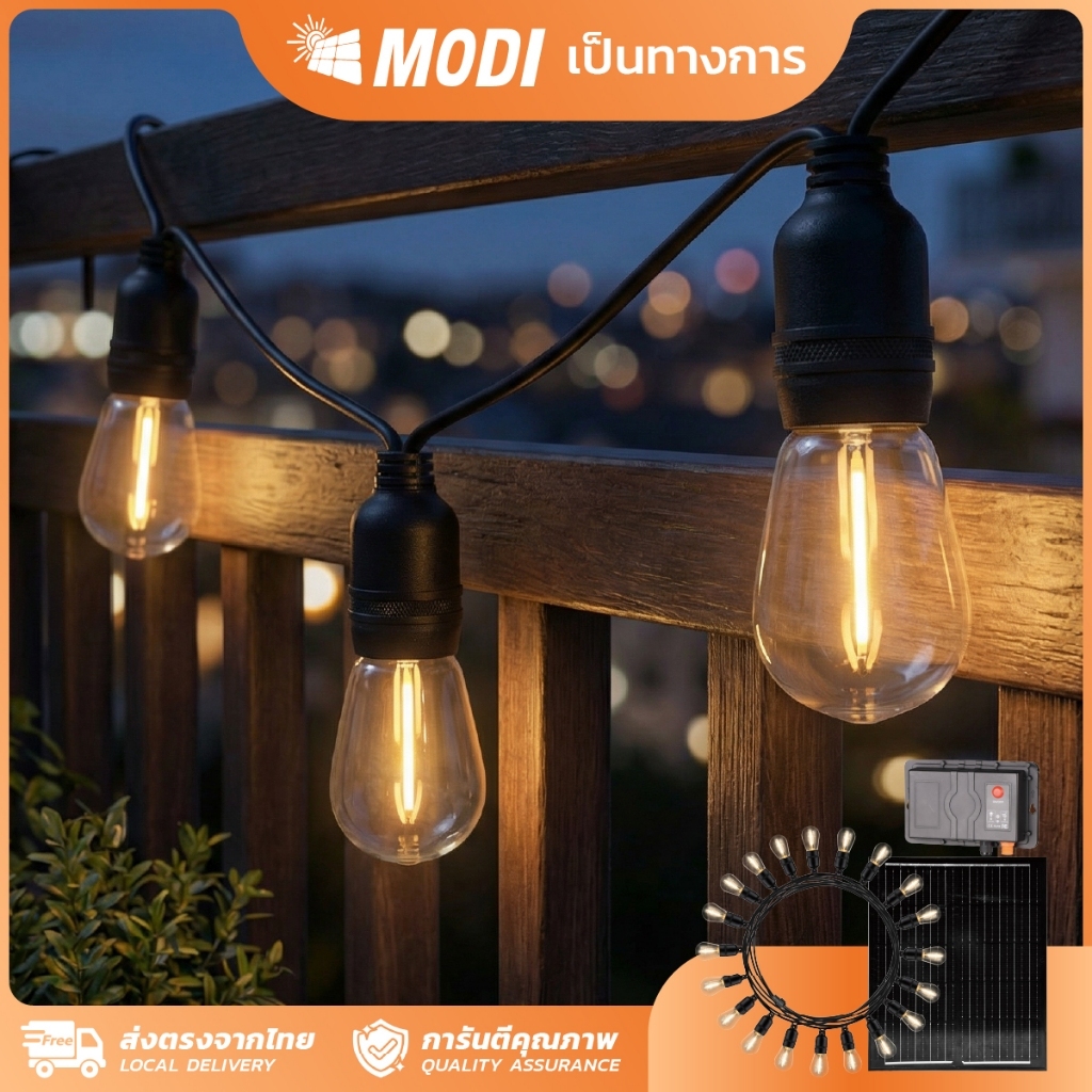 MODI ไฟห้อยระย้าโซล่าเซลล์ 10เมตร20ดวง รุ่นT แสงเหลือง ไฟปิงปองตกแต่งสวน ปีใหม่ คริสมาส งานปาร์ตี้