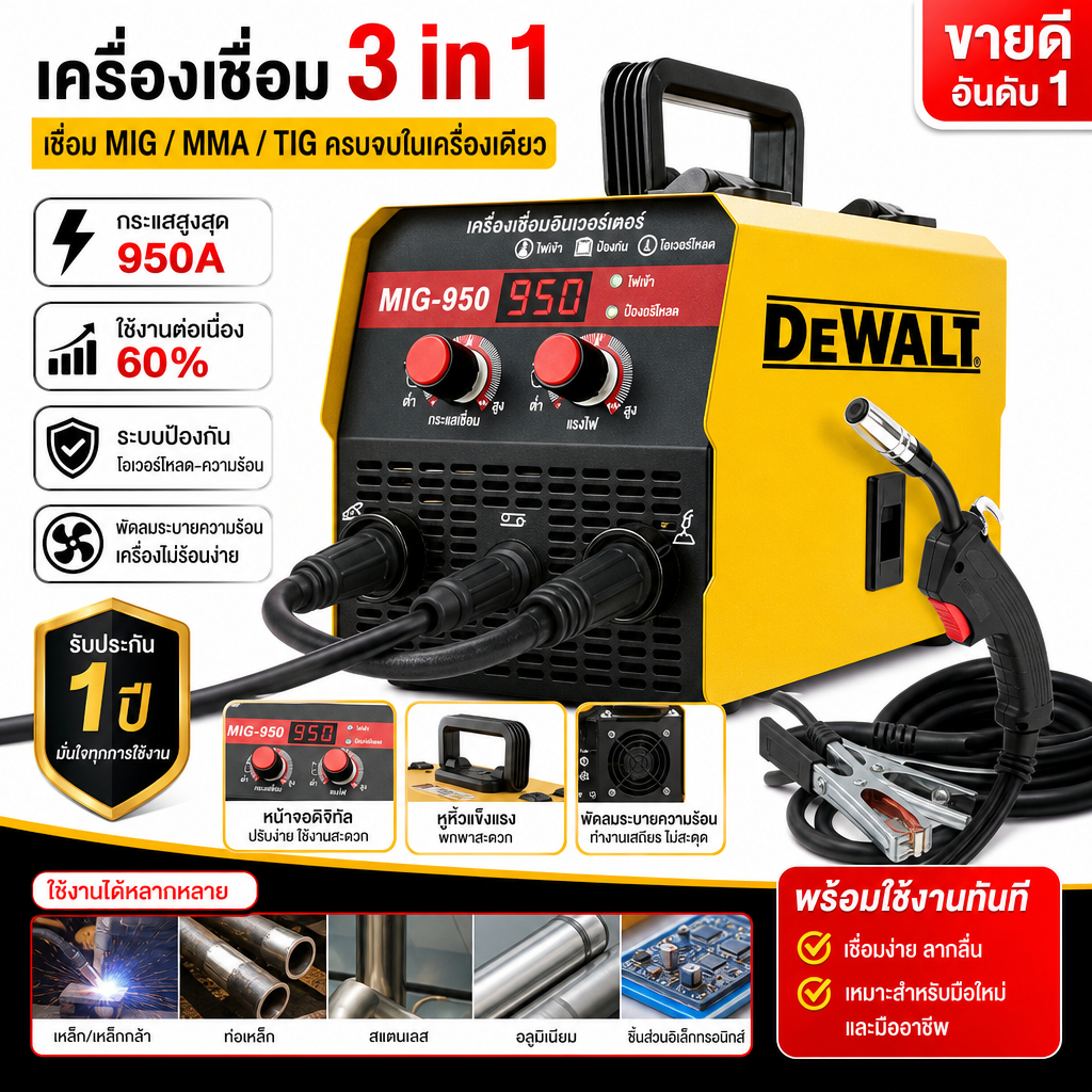 DEWALT 3-in-1 ตู้เชื่อม MIG-950 ตู้เชื่อมไฟฟ้า ตู้เชื่อมอาร์กอน ไม่ต้องใช้แก๊ส CO2 สำหรับเหล็กหล่อ/อ่อน/โลหะผสม