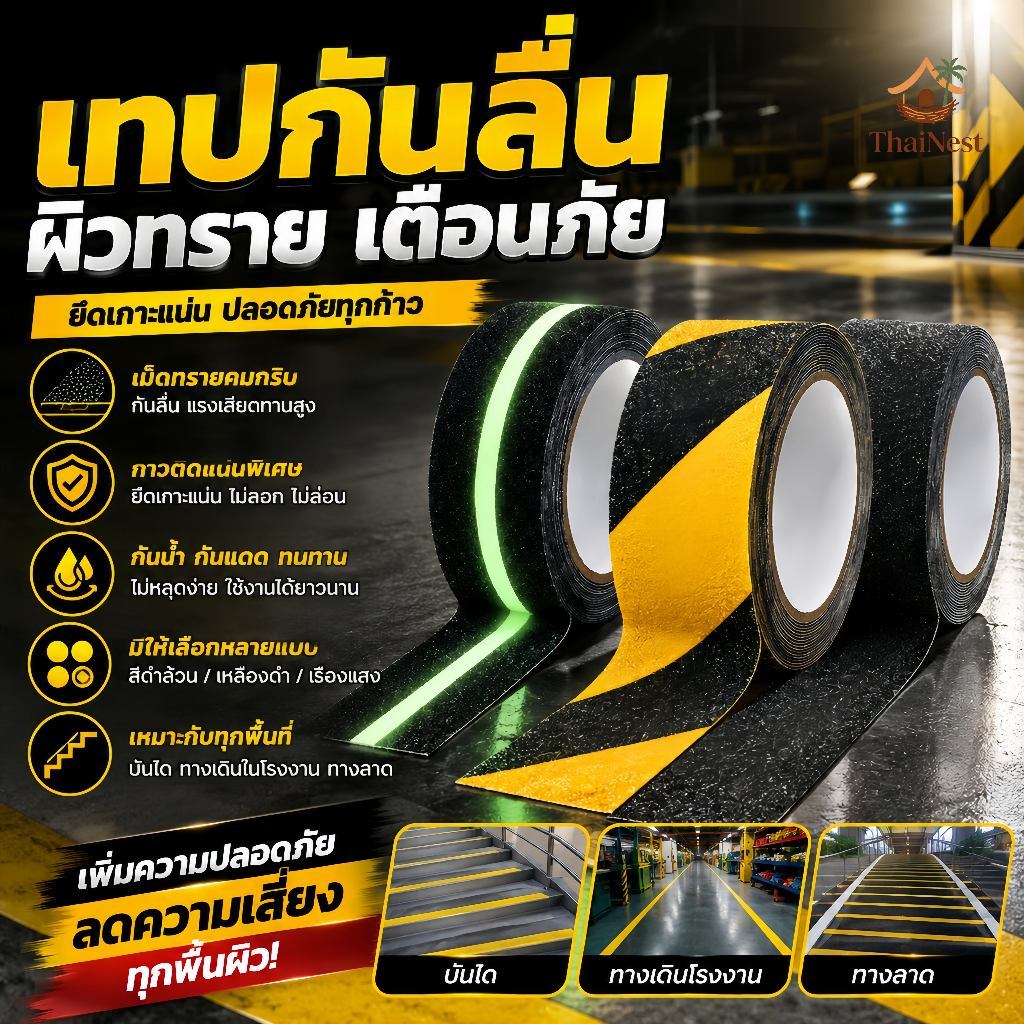 เทปกันลื่น ผิวหยาบ 5ซม.x5ม. Anti Slip Tape กาวเหนียว ติดแน่น สำหรับบันได พื้น ทางเดิน ทางลาด มีสีดำ ลายดำเหลือง และเรือง