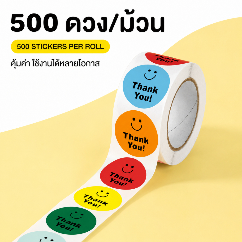 สติ๊กเกอร์ Thank You ขอบคุณลูกค้า 500 ดวง/ม้วน ขนาด 2.5 ซม. ลายหน้ายิ้มคละสี ติดกล่องพัสดุ แพ็กสินค้า