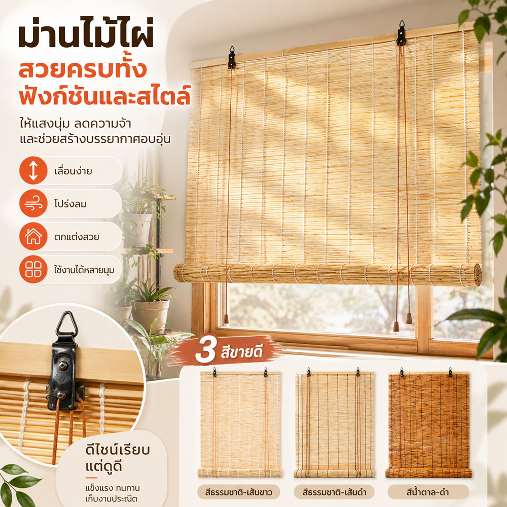 กันน้ำม่านบังแดด ม่านกก ม่านย้อนยุค curtain 3สไตล์ 10 ขนาด มีตัวยก ไม่มีกลิ่น จัดส่งจากกรุงเทพ ความยาว 1ม./2ม./2.5ม./3ม