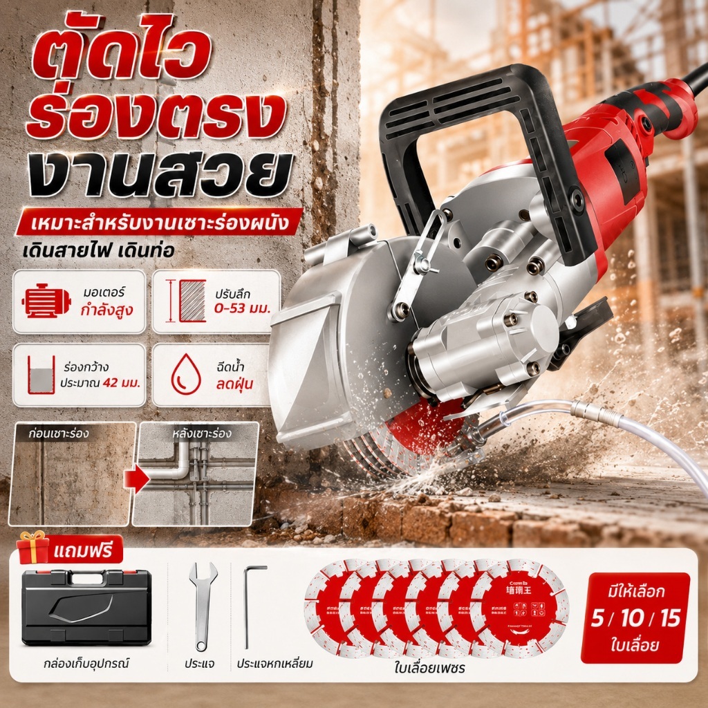 9800วัตต์ เครื่องกรีดร่องผนัง เครื่องเซาะร่องผนังปูน กรีดได้ทุกอิฐ รุ่น ระบบน้ำ กระเบื้องเซรามิก ผนัง เหล็กตัดคอนกรีต