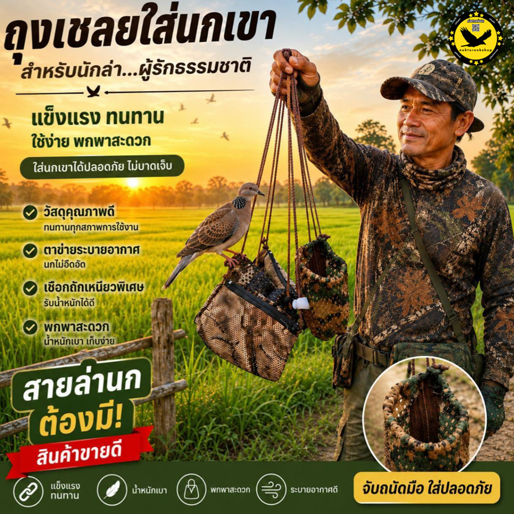 ถุงเชลยนกเขา ถุงใส่นกเขา ผ้าตาข่ายลายพราง มีซิบรูด เปิด/ปิด มีตัวล็อกแบบรูด สายยาว30ซ.ม.ลายสวยน่าใช้