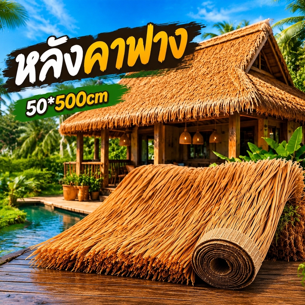 หลังคาหญ้าเทียม 50*500ซม ฟางปลอม สารหน่วงไฟ กันแดด สำหรับตกแต่งคาเฟ่ ร้านค้า โรงแรม พื้นที่กลางแจ้ง