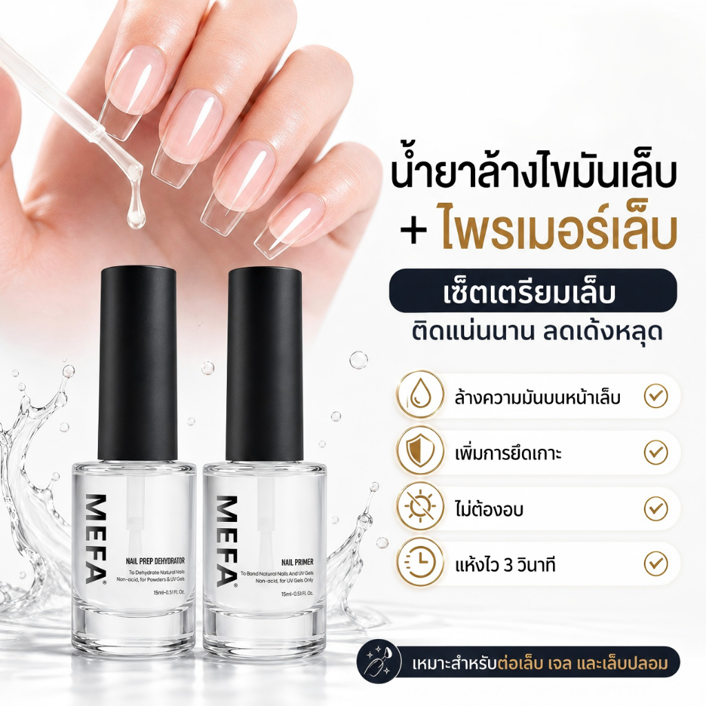 MEFA Natural Prep & Primer น้ำยาเตรียมเล็บ+ดีไฮเดรเตอร์ แห้งเร็ว กันยก ขวดแก้ว 15ml