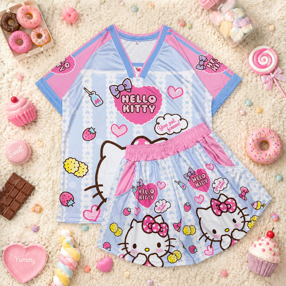 ( Nset148 ) ชุดเซท เสื้อ+กางเกง คอวี คิตตี้ LOVE 5สี ผ้ากีฬา 2ไซส์