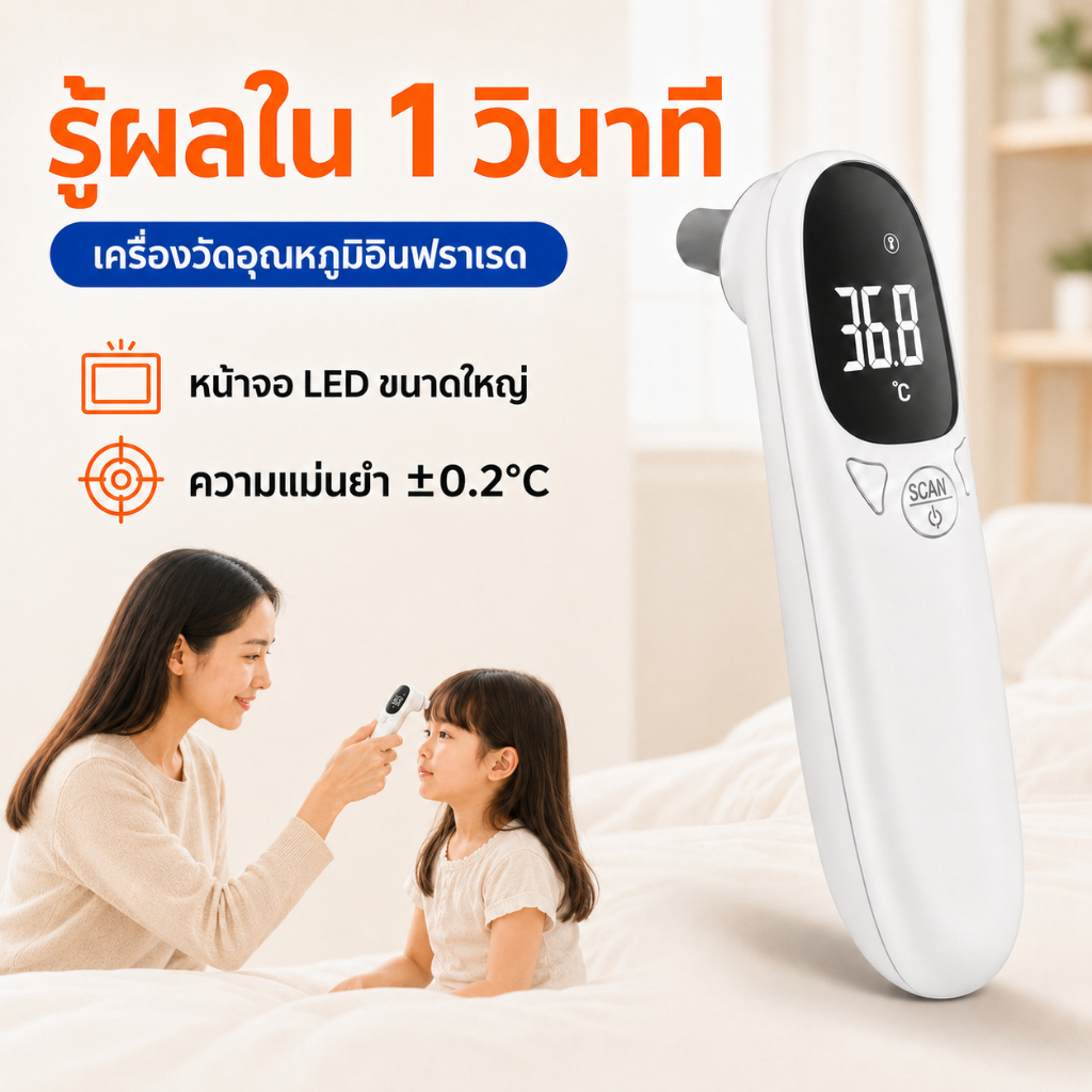 รับประกัน 5 ปี เกรดทางการแพทย์ เครื่องวัดไข้ดิจิตอล แม่นยำ 100% วัดใน 1 วินาที ไม่มีสัมผัส ปรอทวัดไข้เด็ก