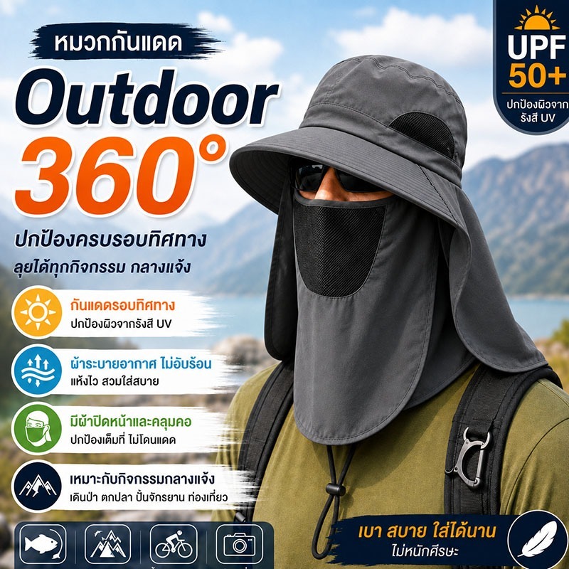 หมวกกันแดด UPF50+ ปีกกว้างคลุมหน้าและคอ กัน UV กันน้ำ แห้งเร็ว ระบายอากาศ ป้องกันแดดและแมลง พับเก็บง่าย