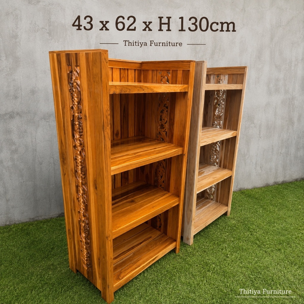 ชั้นวางของไม้สัก 4 ชั้น ขนาด 62x43xสูง130ซม ฉลุข้างลายเถาว์องุ่น ประกอบสำเร็จพร้อมใช้งาน