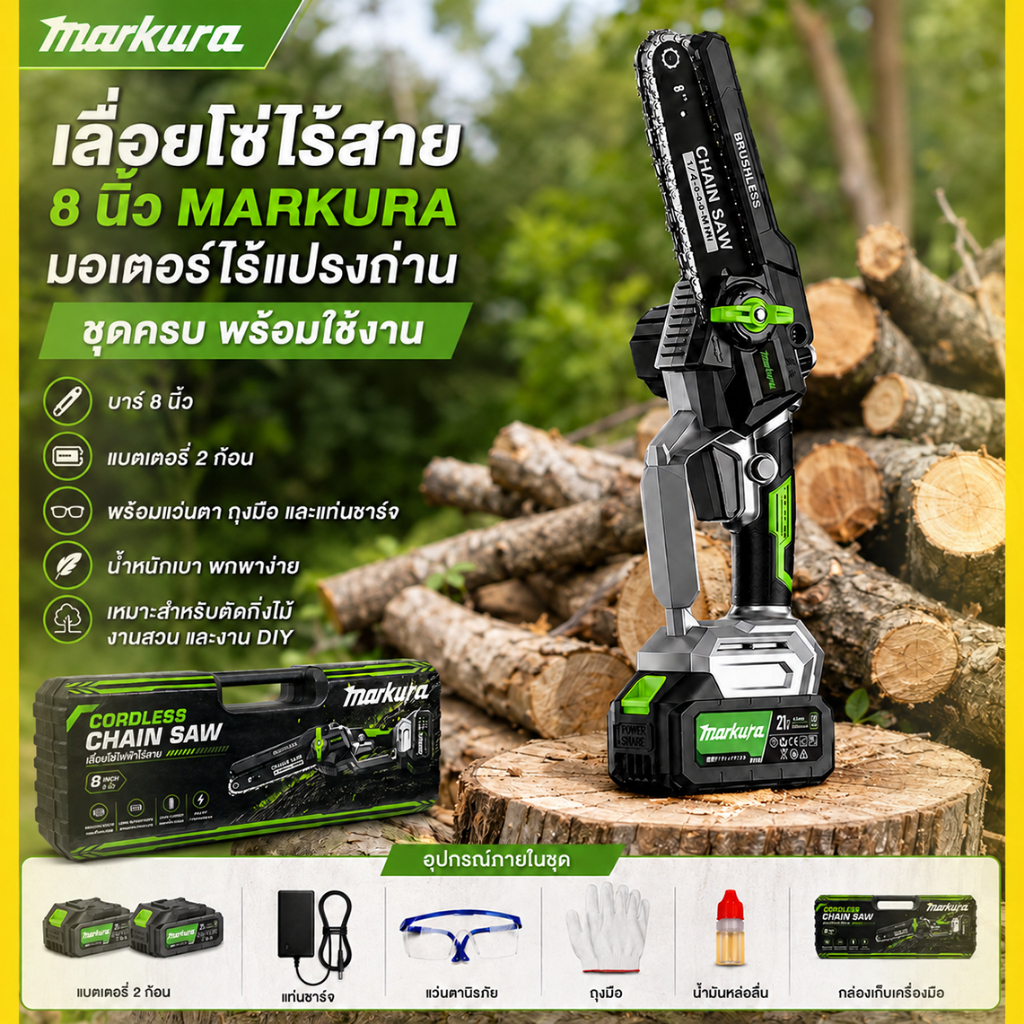 MARKURA เลื่อยโซ่ไร้สาย 8 นิ้ว มอเตอร์ไร้แปรงถ่าน พร้อมแบตเตอรี่ลิเธียมและอุปกรณ์ครบชุด สำหรับตัดไม้ ตัดกิ่งไม้ งานสวนแล