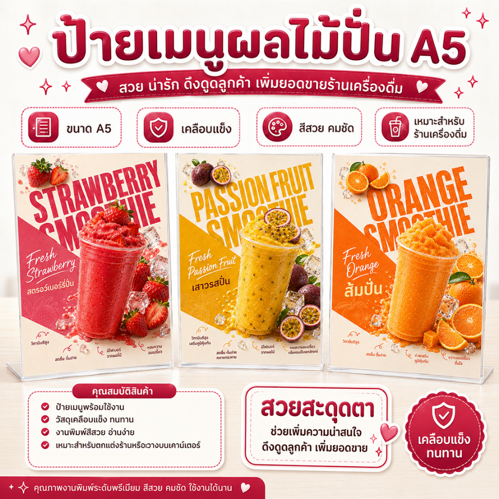 ป้ายเมนูผลไม้ปั่น A5 เคลือบแข็ง พร้อมใช้ ป้ายสมูทตี้ ป้ายร้านน้ำปั่น สีสวยคมชัด มีให้เลือก 31 แบบ