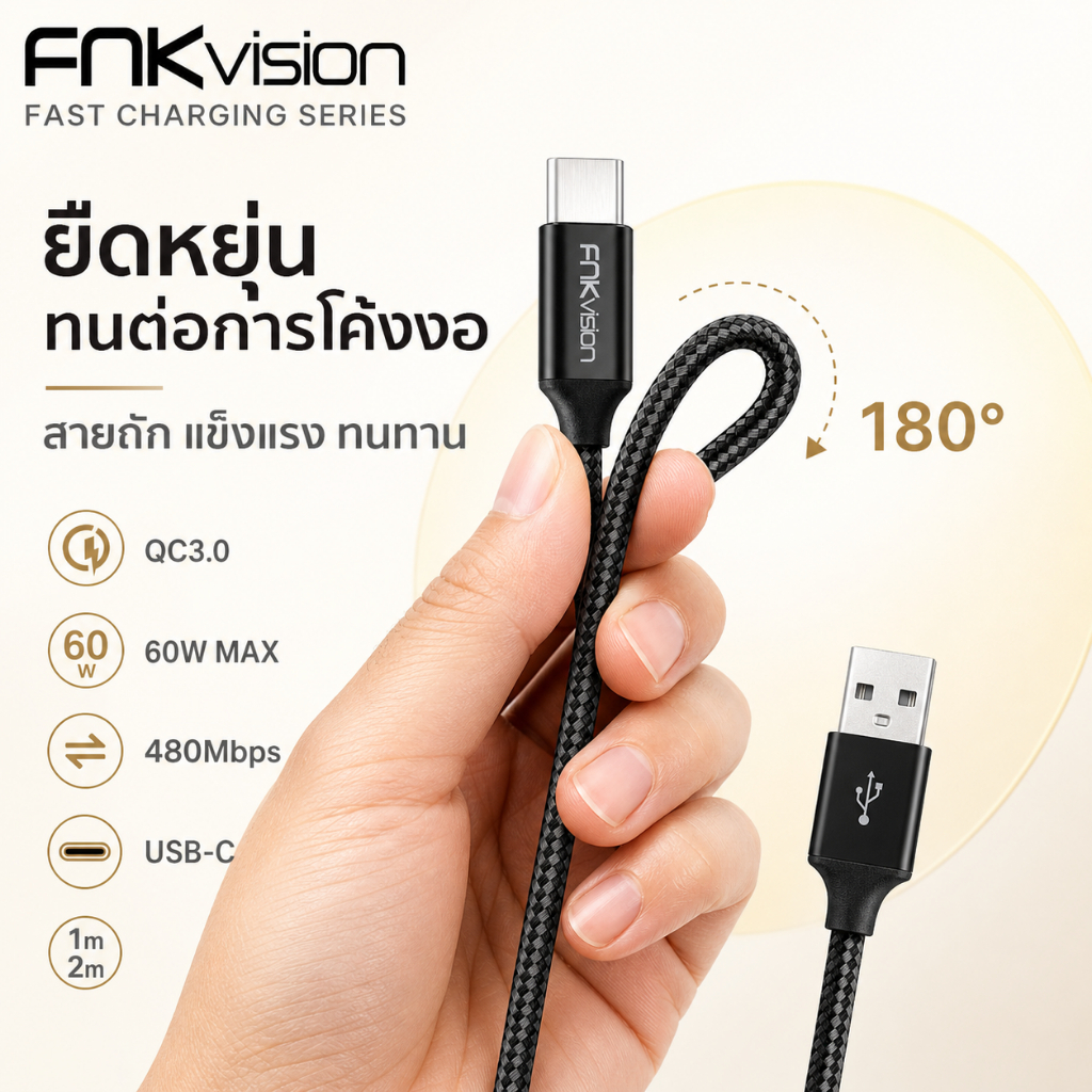 FNKvision สายชาร์จ USB Type‑C 3A สายไนล่อน ถ่ายโอนข้อมูล สำหรับ Samsung Xiaomi Realme OPPO VIVO