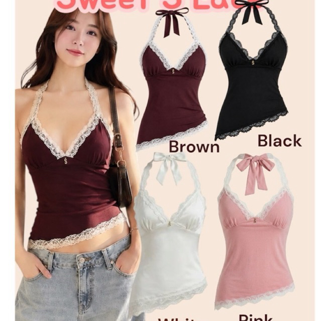 SWEET S LACE TOP เสื้อสายเดี่ยวลูกไม้ เสื้อเที่ยว เสื้อแซ่บ จี้Sสีทอง ผ้า Ity ยืดนุ่ม ใส่สบาย