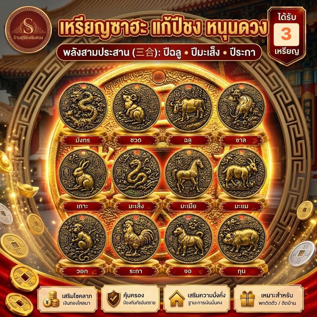 เหรียญซาฮะ ซินแสแนะนำ 2.9cm 12 นักษัตร (1ชุดได้ 3 เหรียญ)  แก้ชง หนุนดวง เสริมฮวงจุ้ย พกติดตัว เรียกโชคลาภ ฮวงจุ้ย