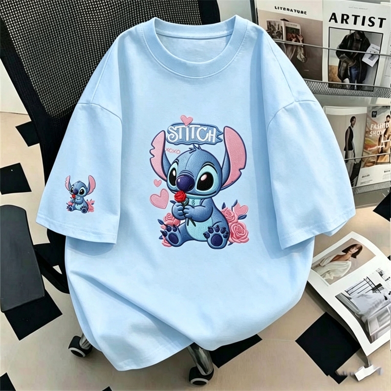 เสื้อยืดแขนสั้นผู้หญิง เทรนด์มาแรง สีขาว โอเวอร์ไซส์ ลายสติชดอกกุหลาบหัวใจ สไตล์เกาหลีแฟชั่น 9.03