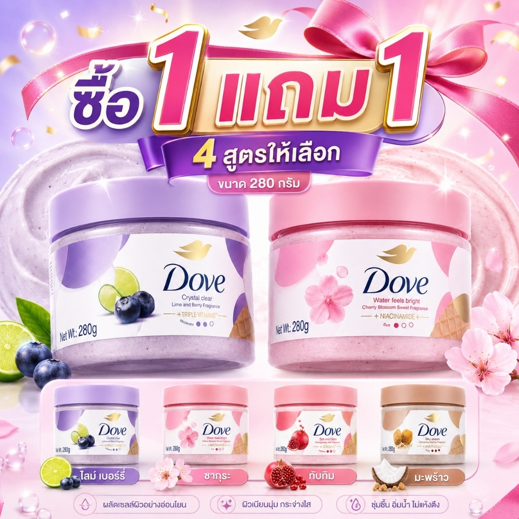 โดฟ ซื้อ 1 แถม 1 สครับผิวเนื้อครีม 280กรัม 4 กลิ่นหอม เม็ดสครับละเอียด ช่วยให้ผิวเนียนนุ่มน่าสัมผัส