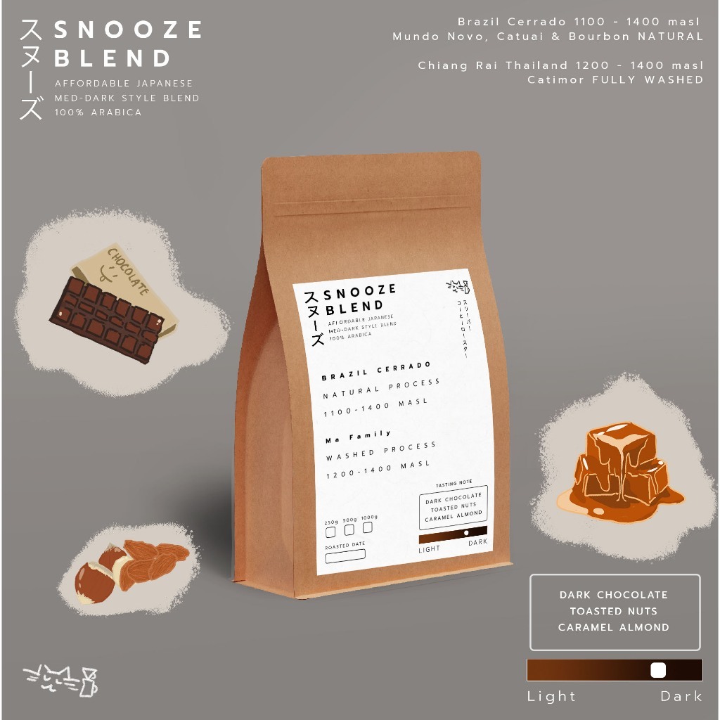 เมล็ดเบลนกาแฟคั่วกลางเข้ม Snooze Blend 250g