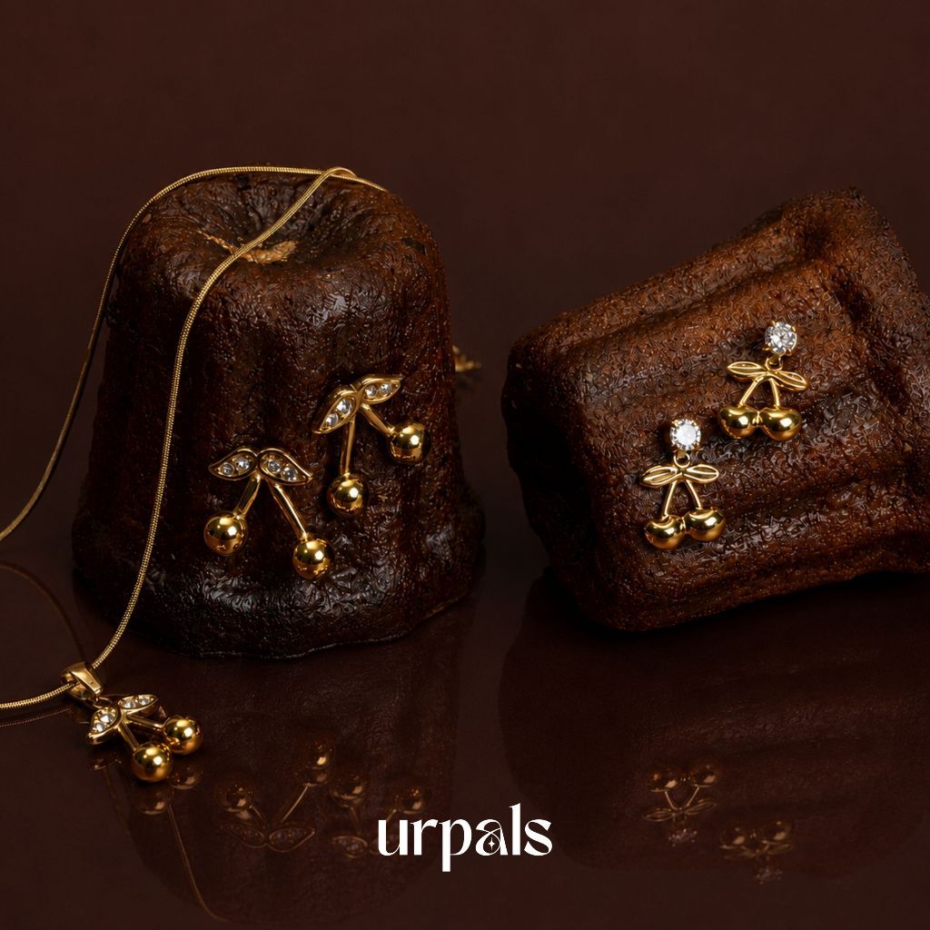 URPALS ต่างหูเชอร์รี่ สร้อยคอเชอร์รี่ Stainless ชุบทอง 18K ไม่ลอกไม่ดำ แพ้ง่ายใส่ได้