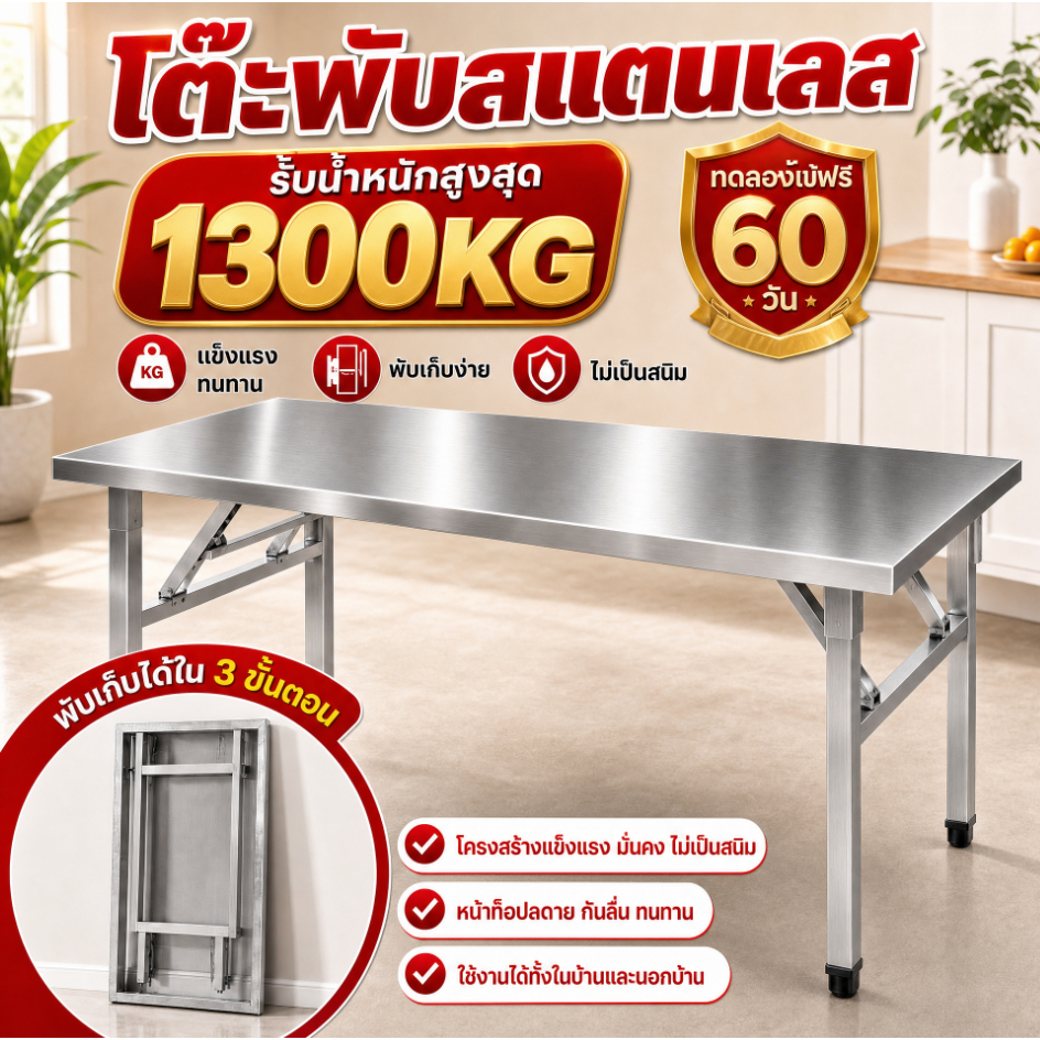 【 SHUICAO 】โต๊ะพับสแตนเลส โต๊ะพับ 140/120/100/80CM 304 รับน้ำหนักได้1000KG