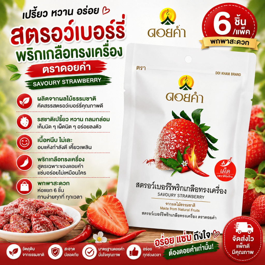 สตรอว์เบอร์รีพริกเกลือทรงเครื่อง ดอยคำ (ขนาด 30 กรัม/แพ็ค 6 ชิ้น)