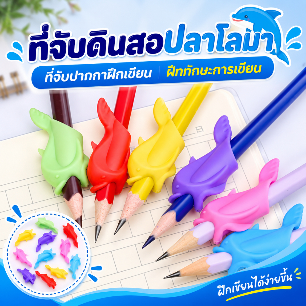 ที่จับดินสอปลาโลมา ที่จับดินสอ ฝึกเขียน ที่จับปากกา ปลอกจับดินสอ สีสันสดใส ที่จับปากกาฝึกเขียน ฝึกทักษะการเขียน