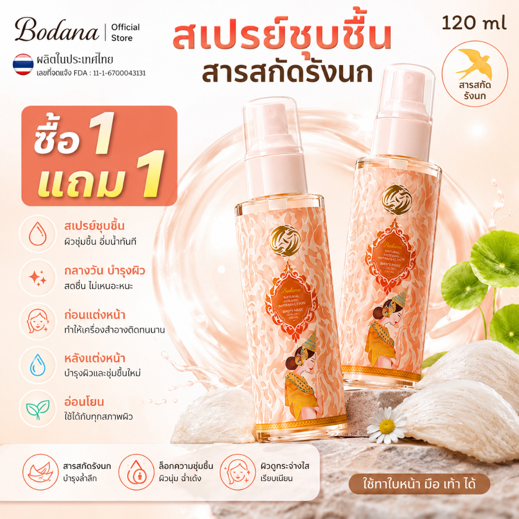 Bodana สเปรย์รังนกชุ่มชื้น ซื้อ 1 แถม 1 ธรรมชาติ เติมความชื้นรวดเร็ว ผิวชุ่มชื้นตลอดวัน ไม่เหนียวเหนอะหนะ