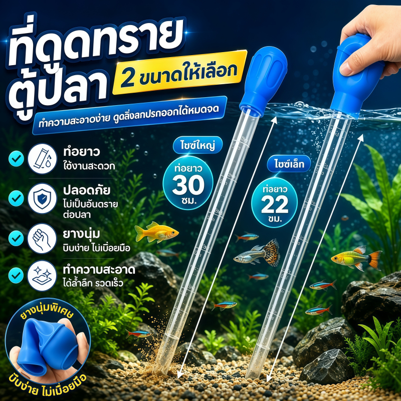 หลอดดูดขี้ปลา ท่อยาว 30 ซม. เข้าถึงก้นตู้ได้ง่าย ยางนุ่ม บีบง่าย เหมาะกับตู้ปลาหลายขนาด ดูดสิ่งสกปรกในตู้ปลา