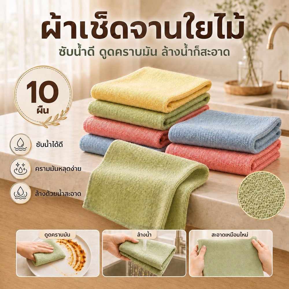 10ชิ้น ผ้าเช็ดจานซับน้ำดี ใยไม้ เกรดพรีเมี่ยม ไม่เปนขุย ไม่อมคราบมัน superdry