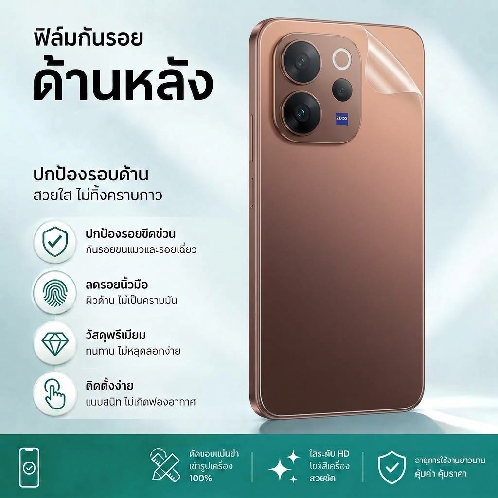ฟิล์มหลังสีใส สำหรับ For vivo v50 5G V40 V30 V29 V27 Pro V30e V25 V60 V70 X200 X300 V29e ฟิล์มกันรอยด้านหลัง