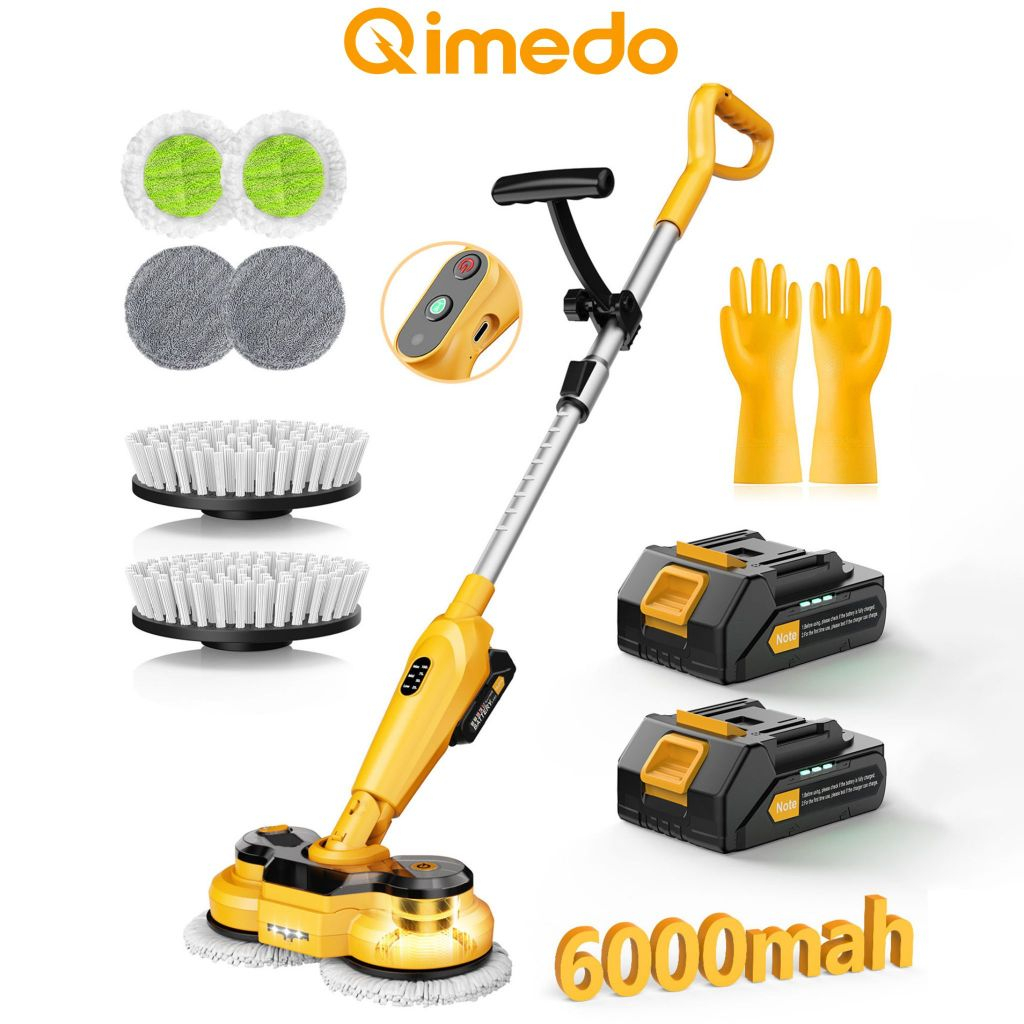 Qimedo ไม้ถูพื้นไฟฟ้าไร้สาย M3 Pro 800RPM 2-in-1 ขัด-ถูพื้น แบต6000mAh จอLEDอัจฉริยะ ด้ามยืด50นิ้ว ไฟLED พร้อมแบต2ก้อน